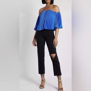 Off The Shoulder Pleated Balloon Sleeve Top Blue XS